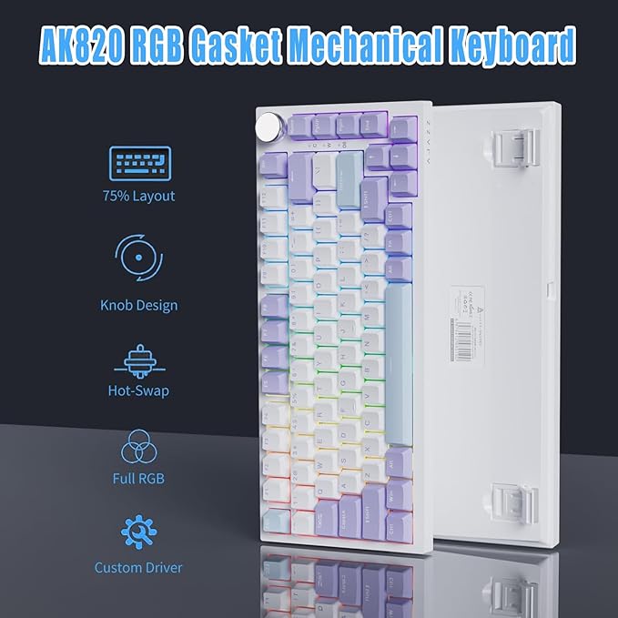 AJAZZ AK820 75% Wired RGB Gasket Mechanical Keyboard with Volume Knob Compact 82 Keys Hot-Swap Keyboard OME Profile PBT Keycap Detachable Type-C Cable (Purple&ampBlue)