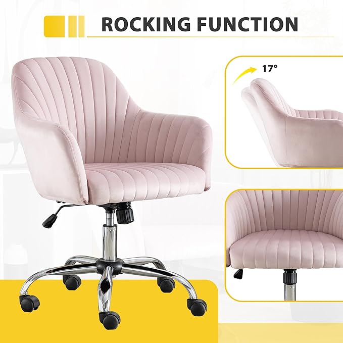 AMNOOL Office Chair Velvet Upholstered Lounge Chair Gaming Chair Makeup Chair Adjustable Height and Adjustable Casters Curved Back for Bedroom Office Study Room (Pink)