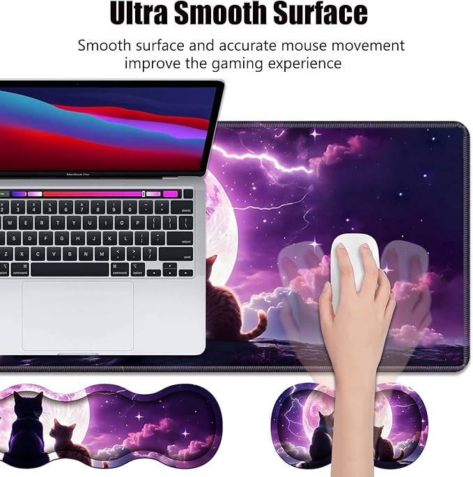4 in 1 Ergonomic Memory Foam Mouse Pad Wrist Rest Set Large XXL Gaming Desk Pad + Keyboard Wrist Rest + Mouse Wrist Cushion + Coaster for Home Office Study Gaming Cats Under The Moon