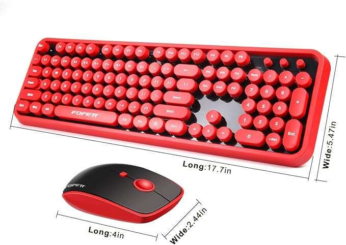 FOPETT Wireless Keyboard and Mouse Combo 104 Keys Full-Sized 2.4 GHz Round Keycap Colorful Keyboards USB Receiver Plug and Play for Windows Mac PC Laptop Desktop (Black Red)