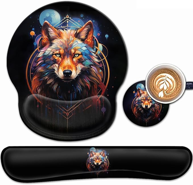 Ergonomic Gaming Mouse Pad Wrist Support and Memory Foam Keyboard Wrist Rest with Anti-Slip Base for Home Office Computer Desk Pad Gel Black Mouse Pad Easy Typing Cool Nebula Wolf Anime Desk Mat