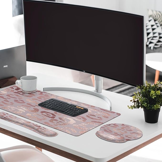 Arttown Leopard Rose Gold Pink Desk Mat Animal Skin Mouse Pad Set with Wrist Support 4-in-1 Large Mousepad+Keyboard Wrist Rest+Mouse Wrist Rest+Coaster with Ergonomic Design Non-Slip Mat