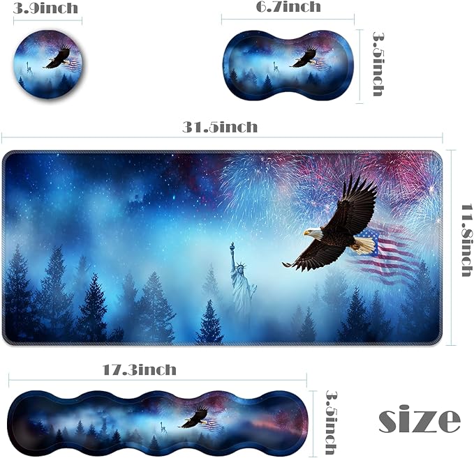 Ergonomic Keyboard Wrist Rest &amp Mouse Pad Wrist Rest SetXL Gaming Desk Mat 31.5x 11.8Non-Slip BaseMemory FoamEasy Typing Pain Relief for Office &amp HomeEagle US Flag Fireworks