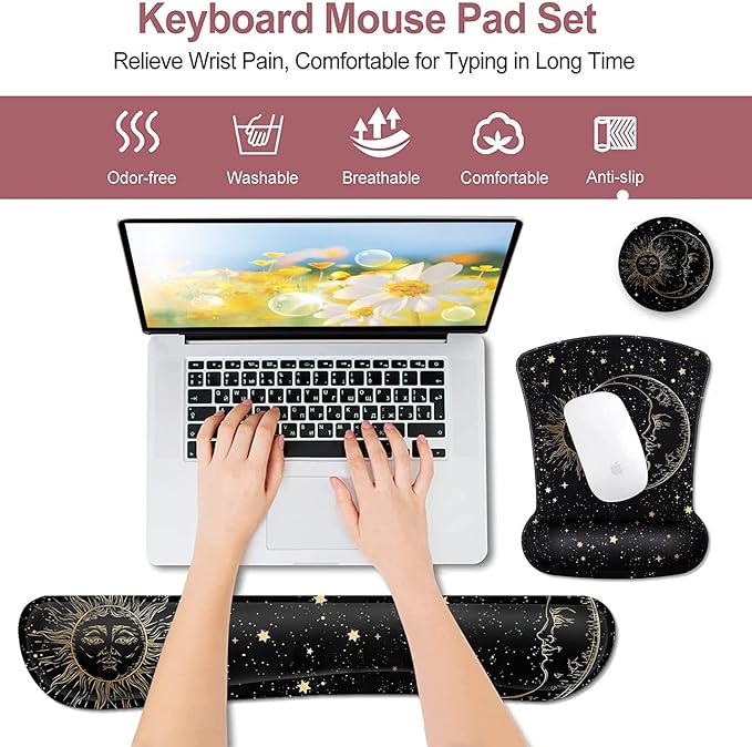 Black Mouse Pad with Stitched Edge Non-Slip Rubber Base Mythic Celestial The Sun and Moon Twelve Constellations Office Accessories Desk Decor for Computers Laptop Memory Foam Keyboard Wrist Rest
