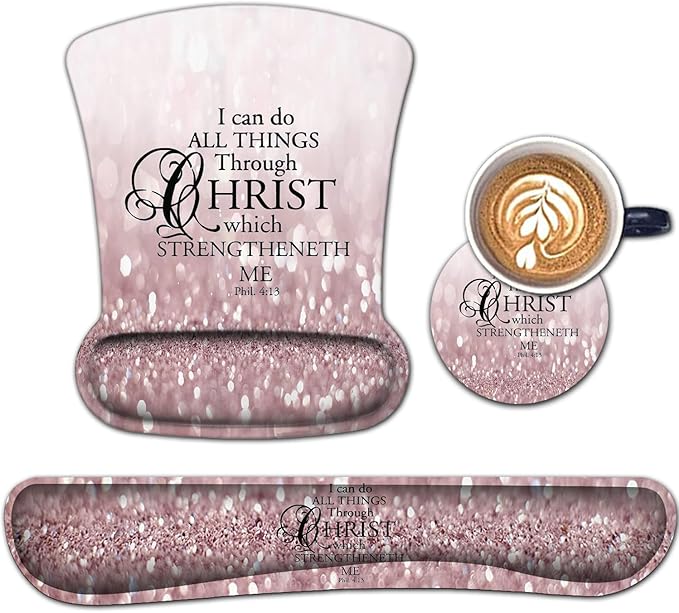 Mouse Pad Wrist Support and Memory Foam Keyboard Wrist Rest Set Ergonomic Gel Mouse Pad for Computer Laptop Desk Pad with Non Slip PU BasePink Philippians 4:13 Pattern Gaming Mouse Pad