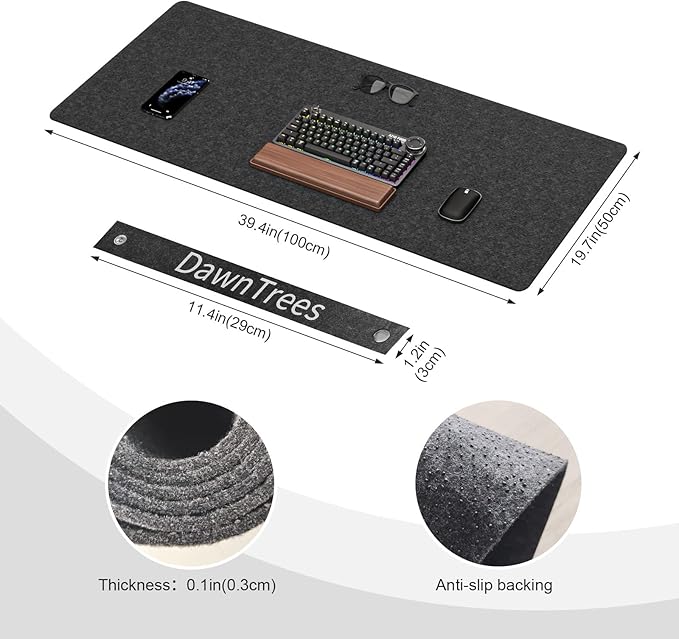 Large Felt Desk Mat39.4''x19.69'' Non-Slip Desk MatDesk Pad Protector for Keyboard ComputerDesk Accessories for Home and Office100x50CM Full Desk Mouse pad (Dark Grey)