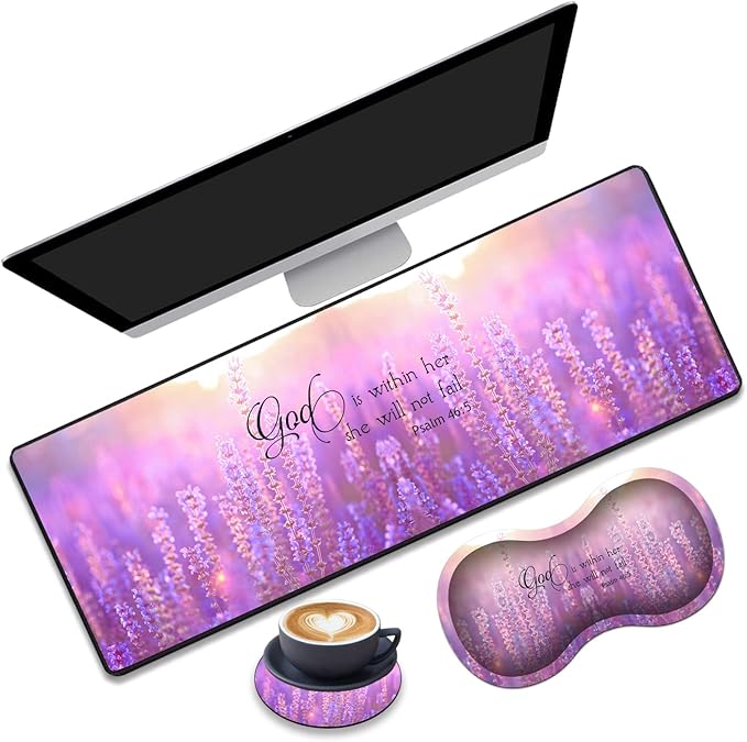 Desk Pad Gaming Mouse Pad + Wrist Rest Support Pad + Coaster 31.5'' × 11.8'' Durable Non-Slip Extended Computer Mouse Pad Suitable for Office and Home Quote Bible Verse Psalm 46:5