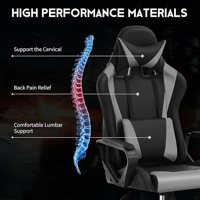 BLKMTY Gaming Chair Video Game Ergonomic Office Racing Computer PU Leather Chair - High Back Executive Task with Lumbar Support Headrest Swivel Chairs Grey