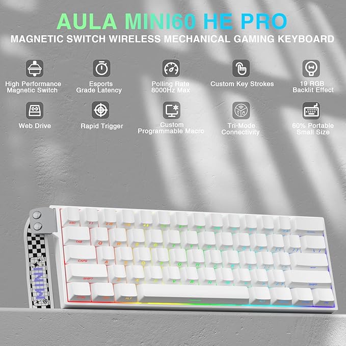 Aula MINI60 HE PRO - 60% Mechanical Gaming Keyboard Wireless Hall Effect Magnetic Switch Hot Swappable Rapid Trigger Mode 8000 Hz Polling Rate 60 Percent Compact Design (White)
