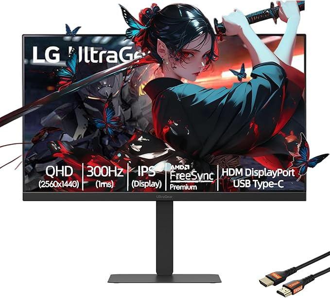 LG 27 inch QHD Monitor | 300Hz -1ms | AMD FreeSync Premium G-SYNC Compatibility | USB-C HDMI 2.1 | Built-in Speaker | Tilt/Height/Pivot Adjustable Stand | W/HDMI