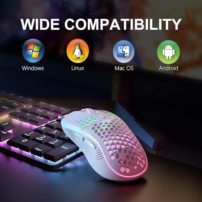 2.4G Wireless RGB Gaming Mouse Rechargeable Ergonomic Honeycomb Mouse with 6 Buttons Adjustable 800-1600 DPI Lightweight Mouse for PC &amp Laptop (White)
