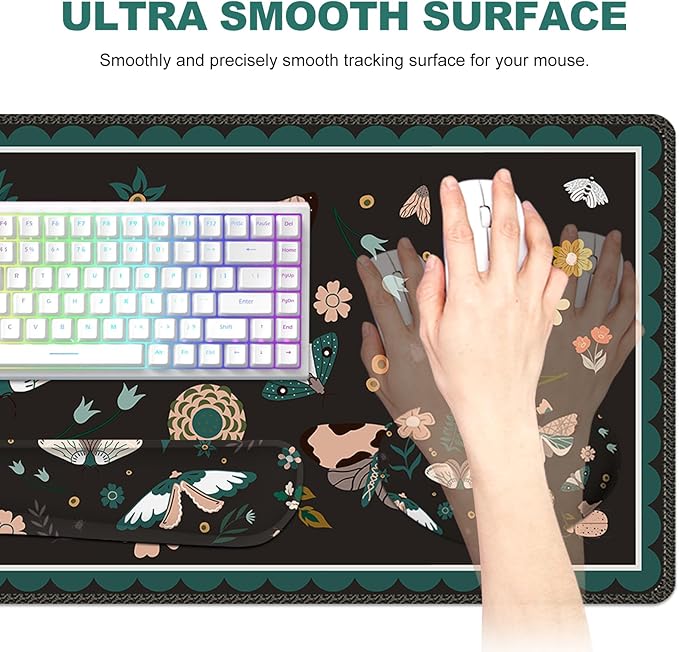Large Mouse Pad and Keyboard Wrist Rest Desk Pad for Keyboard and Mouse Gaming Mousepad with Wrist Support Non-Slip Desk Mat for Home Office Black Butterfly Flower
