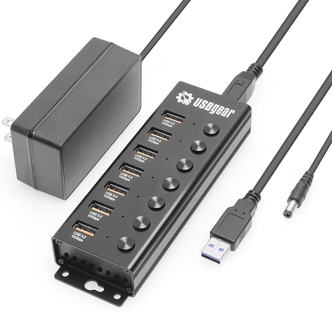 USBGear 7 Port USB Hub 3.2 Gen 2 – 10Gbps Charging Hub with Individual On/Off USB Ports for Laptop PC Desktop 12V/4A Power Adapter with Type-A to Type-B Cable (3ft) Computer Accessories