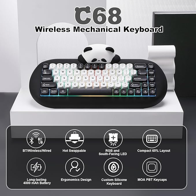 YUNZII C68 Panda Wireless Mechanical Gaming Keyboard 68 Keys Cute Layout with PBT KeycapsRGB Backlit Hot SwappableCreamy SwitchesBT5.0/2.4G/Wired for Win/Mac(BlackPanda Switch)