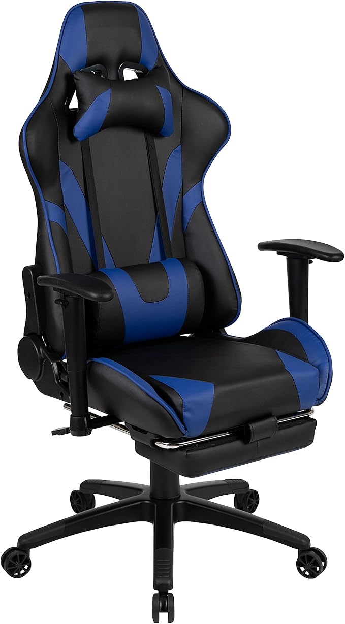 Flash Furniture Optis Gaming Desk and Blue Footrest Reclining Gaming Chair Set - Cup Holder/Headphone Hook/Removable Mouse Pad Top/Wire Management