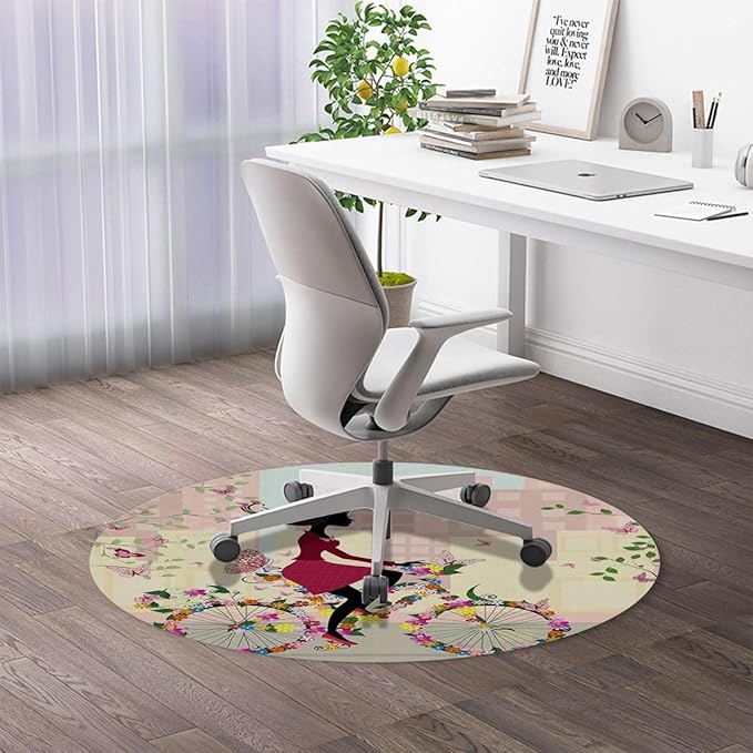 Multicolor PU Leather Round Area Rug Swivel Chair Mats for Hardwood Floor Flowers Butterflies Leaves Branches Image Floor Protector Office Chair Mat Gaming Chair Mat Bicycle Girl Diameter 39.4 in