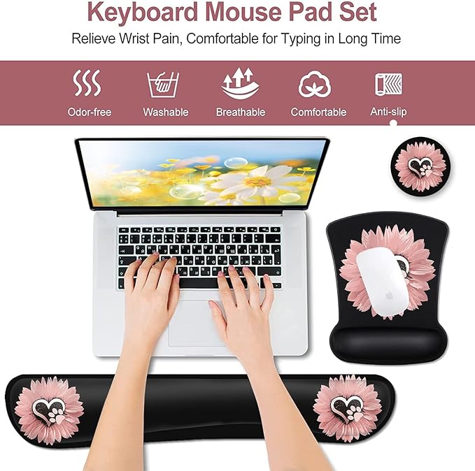 Mouse Pad with Wrist Support Ergonomic Gel Mouse Pad Memory Foam Keyboard Wrist Restfor Office Typing Games Desktop Decoration Sunflower and Dog Paw Print Pet and Pink Flowers
