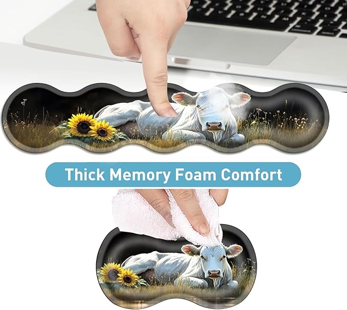 Keyboard Mouse Pad Set Extended Gaming Mouse Pad+Ergonomics Keyboard Wrist Rest Support Memory Foam Easy Typing Pain Relief 4Pcs XL Ultra Thick Desk MatWhite Cow Sunflowers