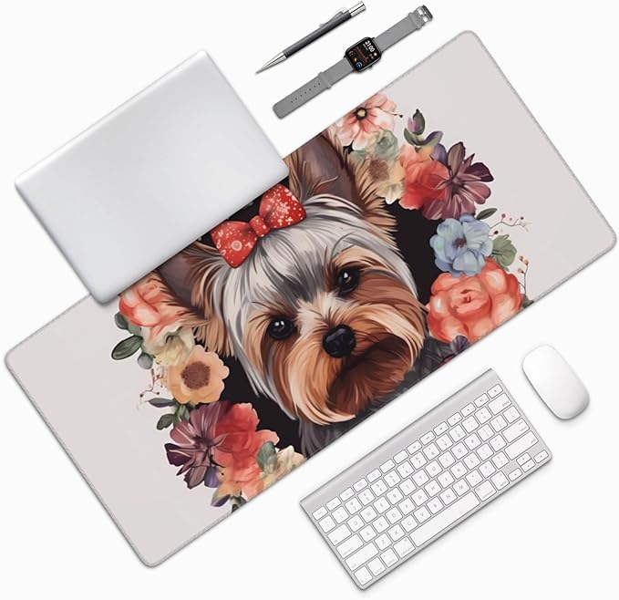 Gaming Mouse Pad Extended Full Keyboard Mat with Stitched Edges Anime Large Desk Pad with Non-Slip Base Yorkie Floral Mouse Mat for Gaming and Office 16 x 35.5 inches Mousepad