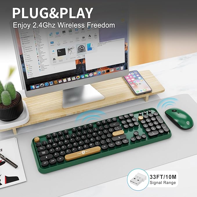 FOPETT Wireless Keyboard and Mouse Combo 104 Keys Full-Sized 2.4 GHz Round Keycap Colorful Keyboards USB Receiver Plug and Play for Windows Mac PC Laptop Desktop (Black Green)