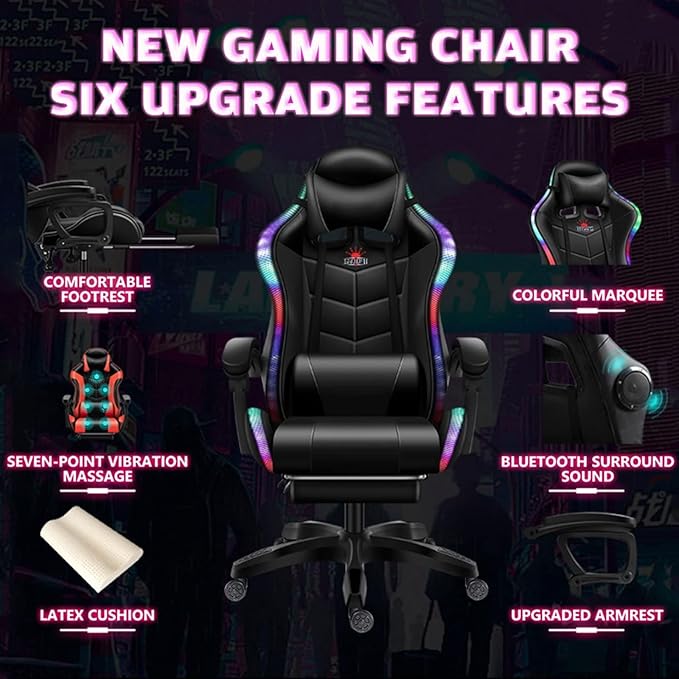 Video Game Chair with Speakers and RGB Lights Massage Ergonomic Computer Gaming Chair with Footrest and Lumbar Support 90°-135° Tilt Rocking Chair Gaming Chairs for AdultsWhite