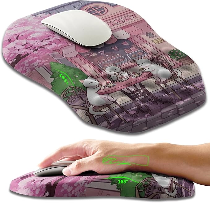 Ergonomic Slope Mouse Pad Wrist Support Wrist Rest Mousepad for Carpal Tunnel Pain Relief with Massage Bulge and Slow Rebound Memory Foam (12x8 inch Cat Bakery)