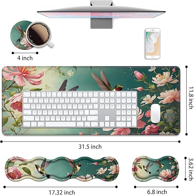 4 in 1 Ergonomic Keyboard Wrist Rest &amp Mouse Pad Wrist Rest Set Large XXL Gaming Desk Mat 31.5x 11.8 with Non-Slip Base Memory Foam for Home Office Study Gaming Hummingbird Flowers