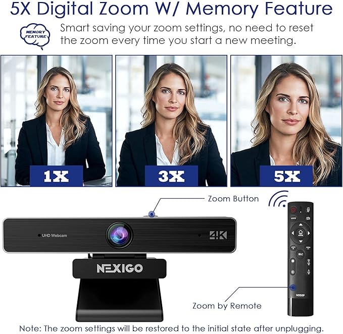 NexiGo Zoom Certified N950P 4K Zoomable Webcam with Remote Control Sony_Starvis Sensor 5X Digital Zoom Pro Web Camera with Dual Stereo Mics for Zoom Skype Teams Twitch