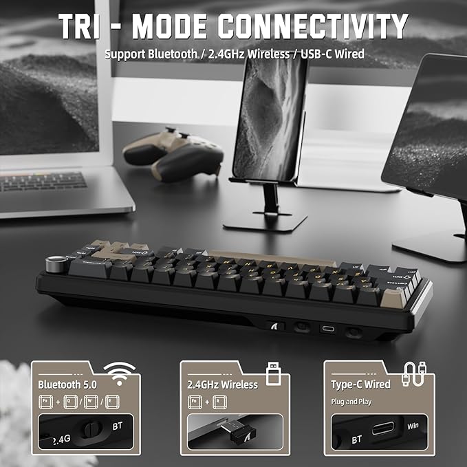 MAMBASNAKE Attack Shark X66 Gasket Wireless Mechanical Keyboard with Volume Knob60% BT/2.4GHz/Wired Gaming KeyboardRGB BacklitOEM Tri-Color PBT keycaps66 Keys Hot Swappable for PC/MACStarblack
