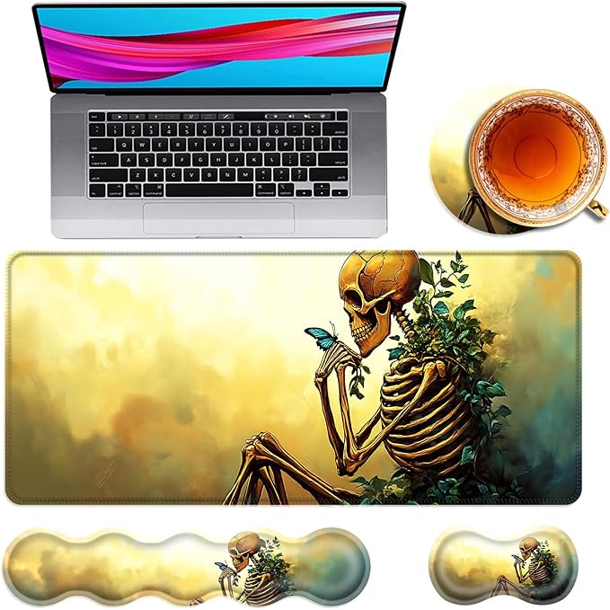 Large Mouse Pad and Keyboard Wrist Rest Desk Pad for Keyboard and Mouse 4-in-1 Large Gaming Mouse Pad with Wrist Support Desk Mat for Home Office Study GameSkeleton and Butterfly