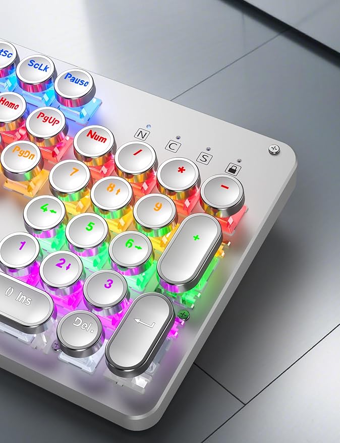 Typewriter Mechanical Gaming Keyboard and Mouse Metal Panel Retro Keyboards with Round Keycap Blue Switch Rainbow LED Backlit 104-Key Anti-Ghost Wired Mouse and Pad Combo for PC Laptop Mac Gamer