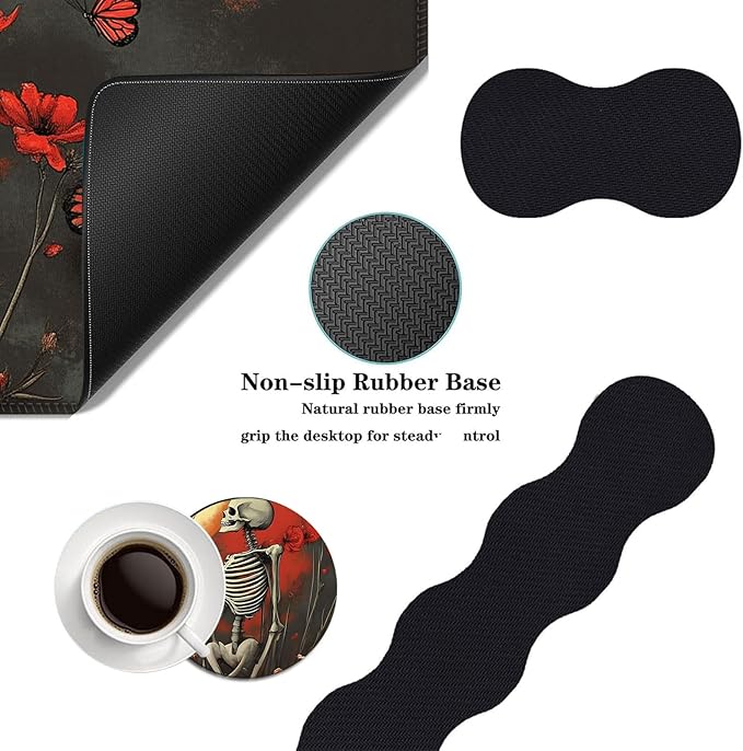 Mouse PadLarge Desk Mat Set 4in1 XL Mousepad + Keyboard Wrist Rest+Mouse Wrist Rest+Coaster with Ergonomic Desk Pad for Home Office Table Computer Cover -Skeleton with Red Poppies