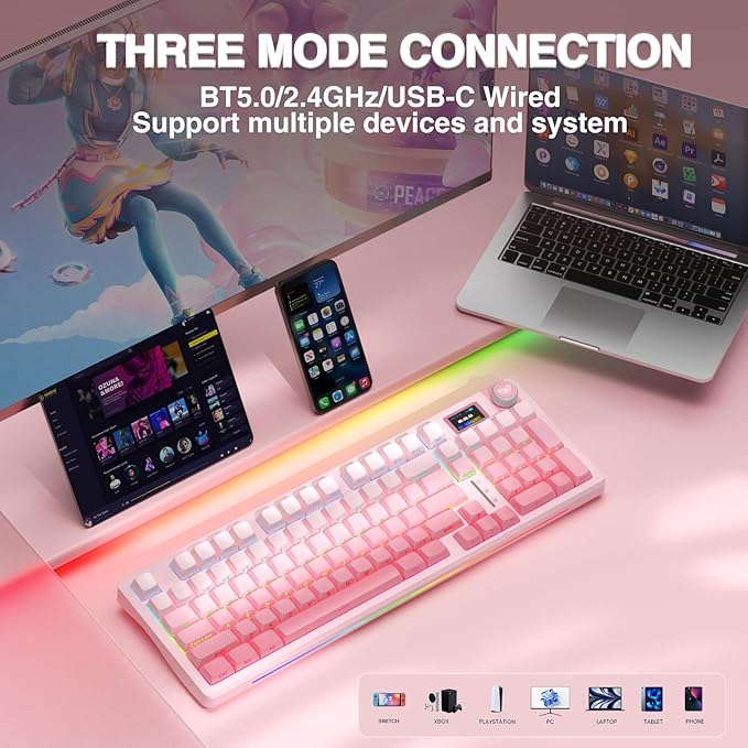 AULA S98 Pro Wireless Mechanical Keyboard with Screen &amp Knob2.4GHz/USB-C/BT5.0 Hot Swappable Pink Creamy KeyboardPre-lubed Linear SwitchesSide Printed PBT KeycapsRGB Backlit Gaming Keyboards