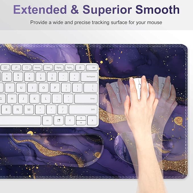 Large Gaming Mouse Pad Set 4 in1 Ergonomics Keyboard Desk Mat with Memory Foam Wrist Rest Extended Game Mousepad Non-Slip Desk Pad Matt Easy Typing Pain Relief I Purple Golden Marble