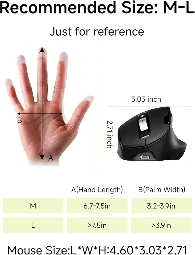 C2 Ergonomic Wireless Mouse RGB Rechargeable Ergonomic Bluetooth Mouses 2.4G with 4000 DPI Optical Tracking 5 Adjustable DPI Quiet Clicks Computer Mouse for Laptop PC Desktop - Black
