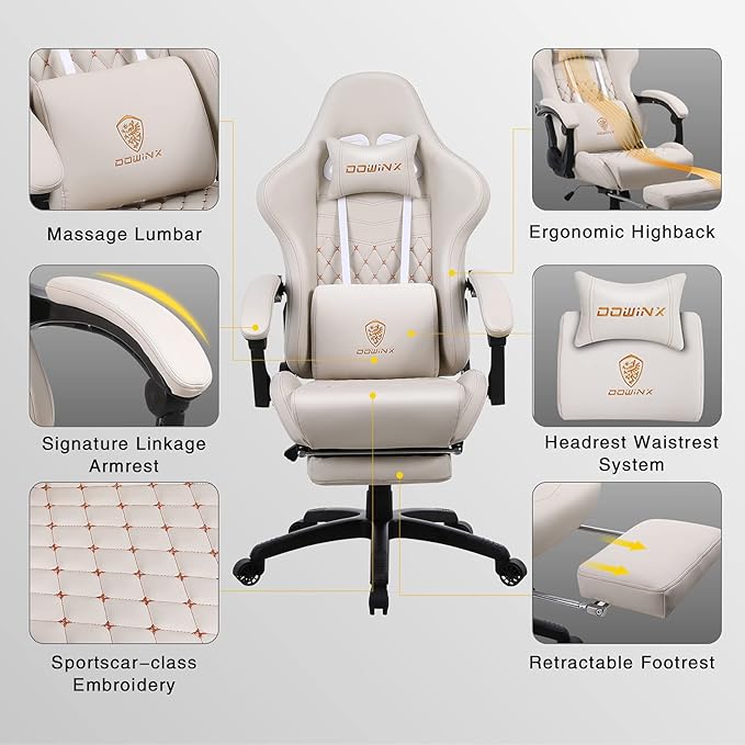 Dowinx Gaming Chair Big and Tall Ergonomic Game Chair for Adults with Footrest and Massage Lumbar Support High Back Computer Gamer Chair PU Leather 350Lbs for Office Home Ivory