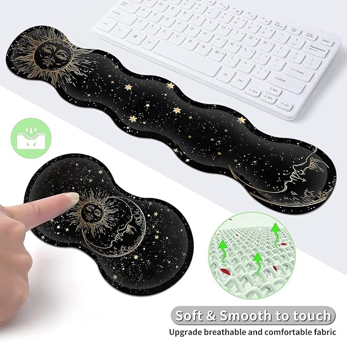 JVGFYNKL Extended Large Mouse Pad+Keyboard Wrist Rest Support  Ergonomic Memory Foam Wrist Rest Easy Typing 4Pcs Desk Pad Set for Home Office Sun Moon Star Pattern XXL Gaming Black Desk Mat