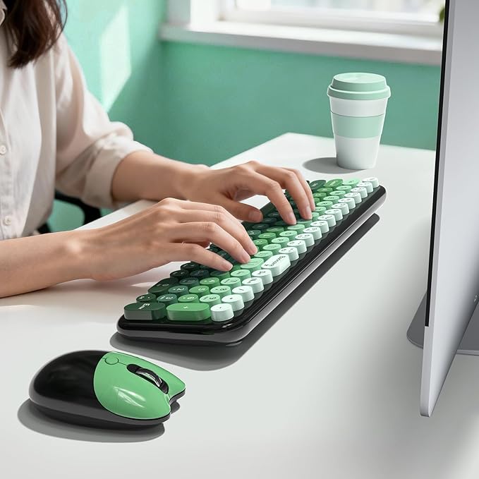 Wireless Keyboard and Mouse Combo MOWUX Compact Typewriter Retro Round Computer Keyboard Cute Optical Mouse Wireless Plug and Play for Laptop PC Computer- Black Green Gradient