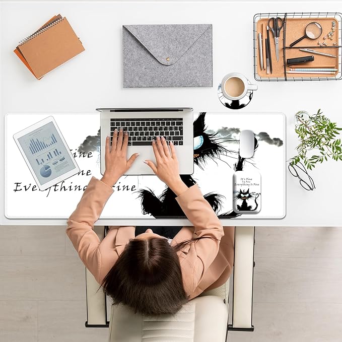 Large Mouse Pad Set Desk Mat + Elbow Rest Pad + Coaster Easy Typing Pain Relief Ergonomic Arm Rest Pad with Memory Foam Extended Desk Pad Anti-Slip Rubber Base for Office Home Funny Black Cat
