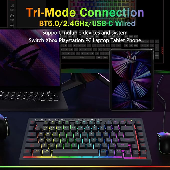 Redragon Portable Wireless Gaming Keyboard Bluetooth/2.4GHz/USB-C Wired RGB Backlit 75% Mini Quiet Macro Membrane Keyboard Rechargeable 4000mAh Battery Anti-Ghosting for Win/MAC