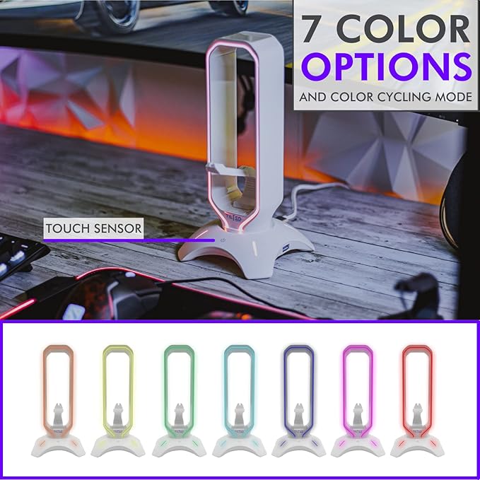 Tilted Nation Gaming Headphone Stand | RGB Headset Stand White | Headset Holder for Desk with Mouse Bungee and USB Hub | The Ultimate Gaming Accessories for Gamers for PS5 Xbox PC - White