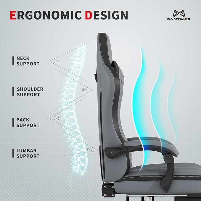 Gaming Chair with Footrest Ergonomic Computer Chair PU Breathable Material with Headrest and Lumbar Support Suitable for Silla Gamer and Adults（Grey