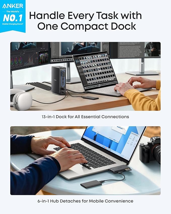 Anker Nano Laptop Docking Station with Detachable Hub 13-in-1 USB-C Triple Display Docking with 2 HDMI+1 DP 10 Gbps USB-C 3 USB-A Audio SD/TF Ethernet 100W Max PD for Dell Lenovo HP and More