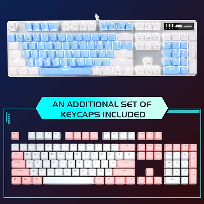 MageGee Mechanical Gaming Keyboard New Upgraded Blue Switch 104 Keys White Backlit Keyboards USB Wired Mechanical Computer Keyboard for Laptop Desktop PC Gamers(White &amp Blue)