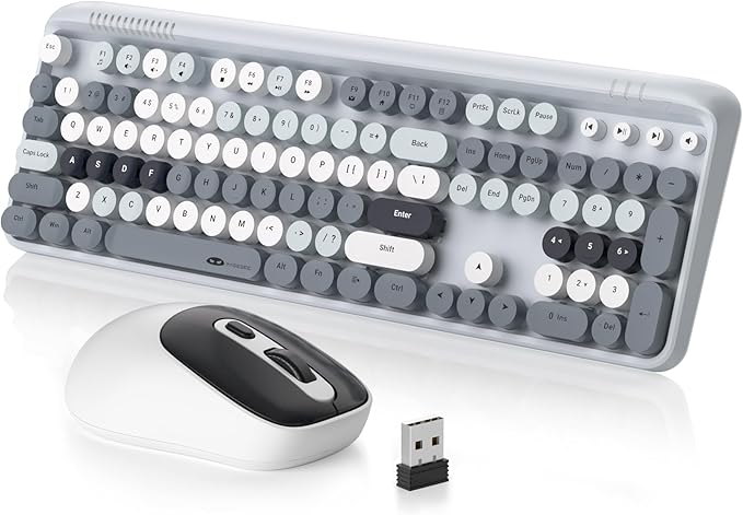 MageGee V920 Wireless Keyboard and Mouse Combo 2.4G Full-Sized Retro Typewriter Keyboard with Round Keycaps &amp Auto-Sleep Mode Cute Computer Keyboard and Cordless Optical Mouse for Laptop/PC (Gra