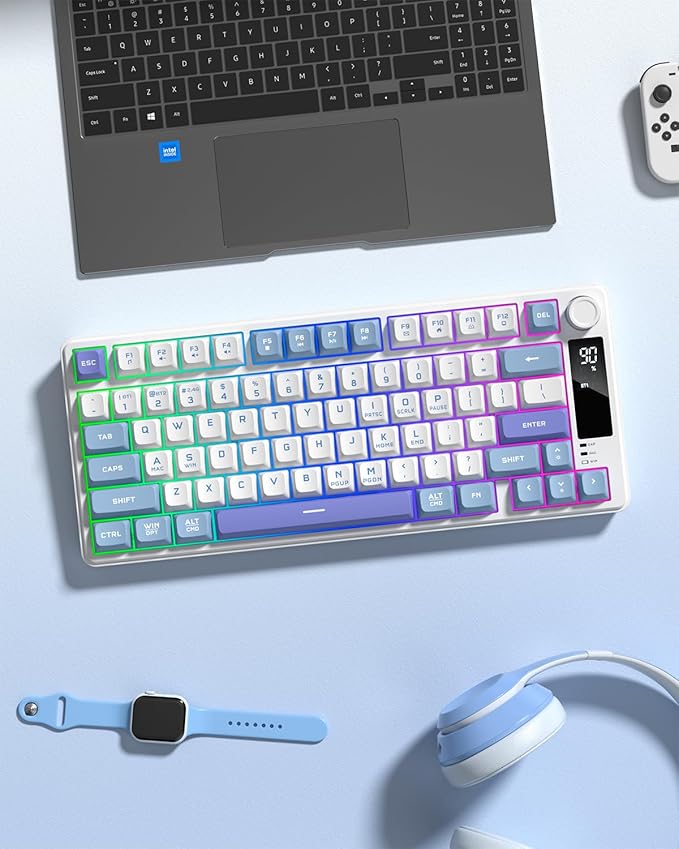 Womier DK75 75% Wireless Gaming Keyboard RGB Backlit Creamy Keyboard with Multifunction Knob &amp Screen Tri-Mode 2.4GHz/USB-C/BT5.0 Anti-Ghosting No-Conflict Silent Membrane Keyboard for MAC Wind