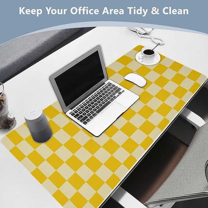 Mouse Pad Desk Mat Leather Desk Pad Large Gaming Desk Cover Protector Mat for Keyboard Computer Laptop Office Waterproof 47.2 x 23.6 Inch Checkered Yellow