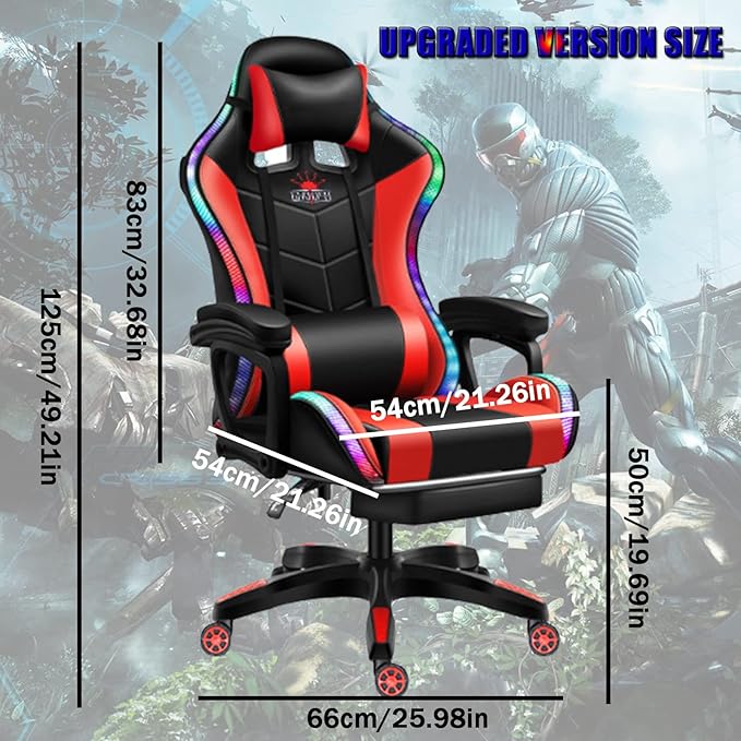 Gaming Chair with RGB LED Lights Ergonomic Massage Computer Gaming Chair with Footrest and Bluetooth Speakers High Back Video Game Chair with Swivel Seat Headrest and Lumbar SupportRed
