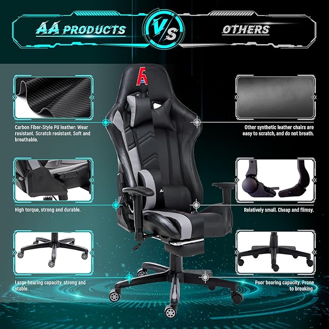 AA Products Gaming Chair Ergonomic High Back Computer Racing Chair Adjustable Office Chair with Footrest Lumbar Support Swivel Chair - Upgraded Version BlackGrey