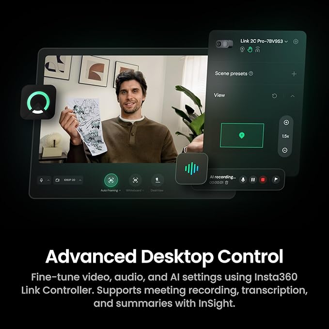 Insta360 Link 2C Pro – 4K Webcam for PC/Mac 1/1.3” Sensor Low-Light Auto Framing HDR Directional Noise-Canceling Mics Supports Stream Deck Zoom Teams Twitch for Streaming or Meetings